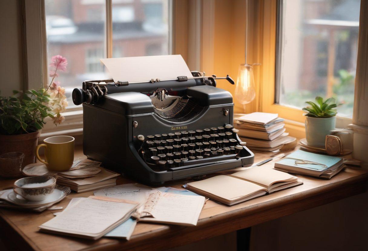 An intricate workspace with a vintage typewriter at the center, surrounded by scattered notes and an open notebook filled with handwritten ideas. A bright light shines from a nearby window, illuminating the creative clutter, symbolizing inspiration and creativity. A cup of coffee spills slightly over a corner rich with ideas, evoking a sense of urgency and passion. Soft pastel colors, warm lighting. super-realistic. vibrant colors.