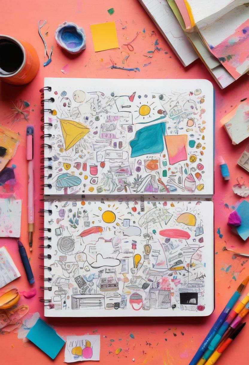 A visually striking open notebook with colorful sketches and doodles spilling out, symbolizing creativity. Surrounding the notebook are various blogging tools like a laptop, a camera, and vibrant sticky notes. In the background, an artistic splash of paint and lightbulbs representing ideas and inspiration. The scene is bright and inviting, encouraging a sense of exploration. vibrant colors. painting.