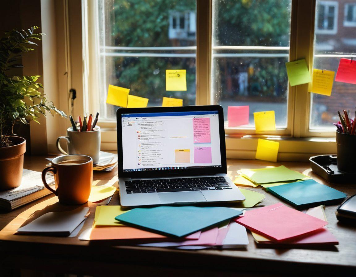 A vibrant workspace featuring an open notebook with notes on effective communication, colorful sticky notes with writing tips, a steaming cup of coffee, and a laptop displaying an English writing guide. Sunlight streaming through a window, casting a warm glow over the scene, inspiring creativity and focus. super-realistic. vibrant colors. cozy atmosphere.